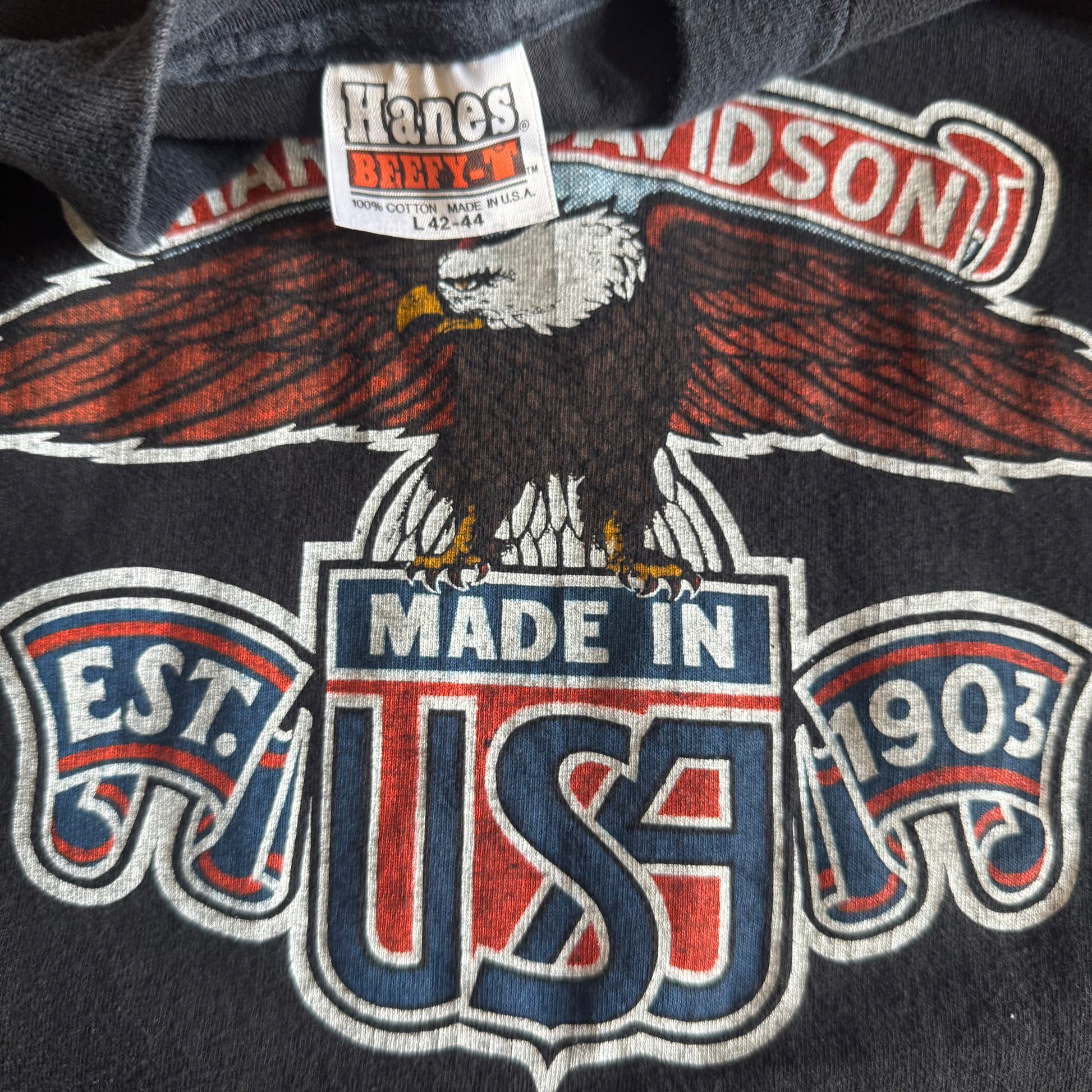 Tag detail on vintage 1980s Harley-Davidson OKC eagle tee