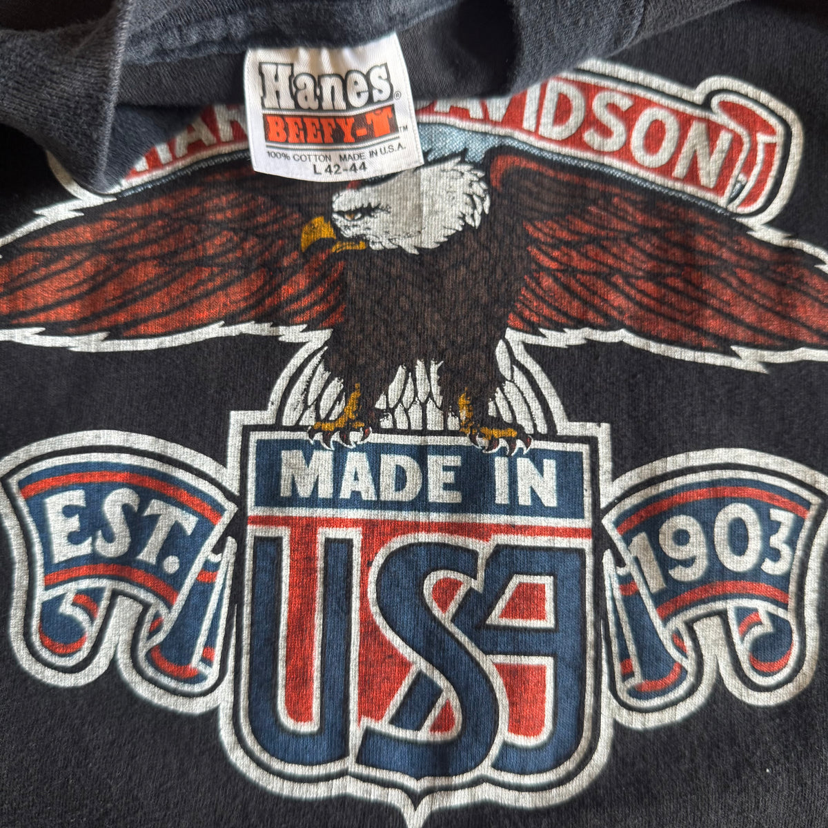 Tag detail on vintage 1980s Harley-Davidson OKC eagle tee