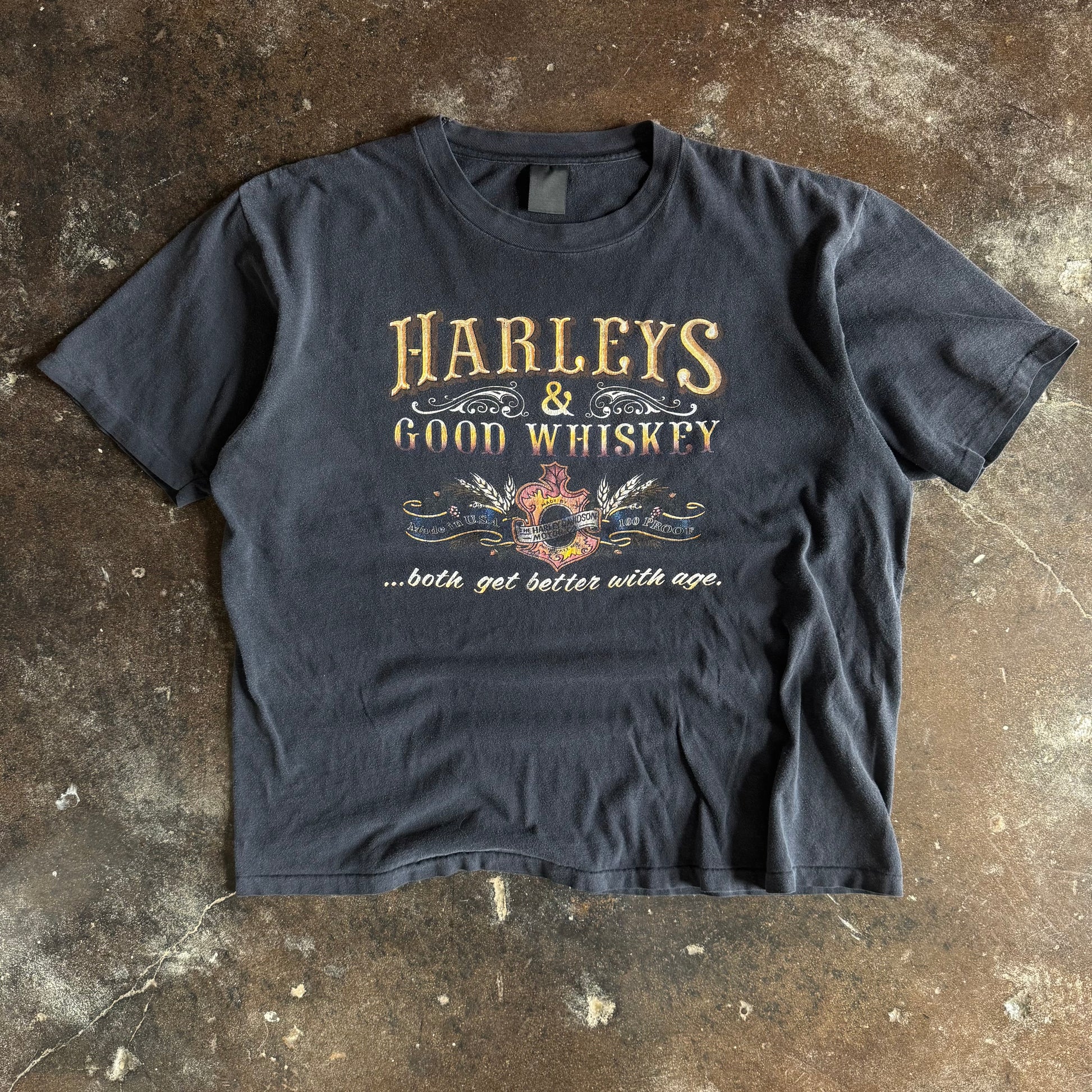 Vintage 1980s Harley-Davidson Harleys and Good Whiskey 3D Emblem t-shirt