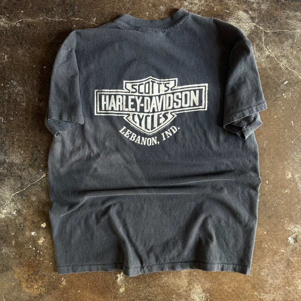 Detail of Harley Rider scroll and quote on vintage sun faded tee
