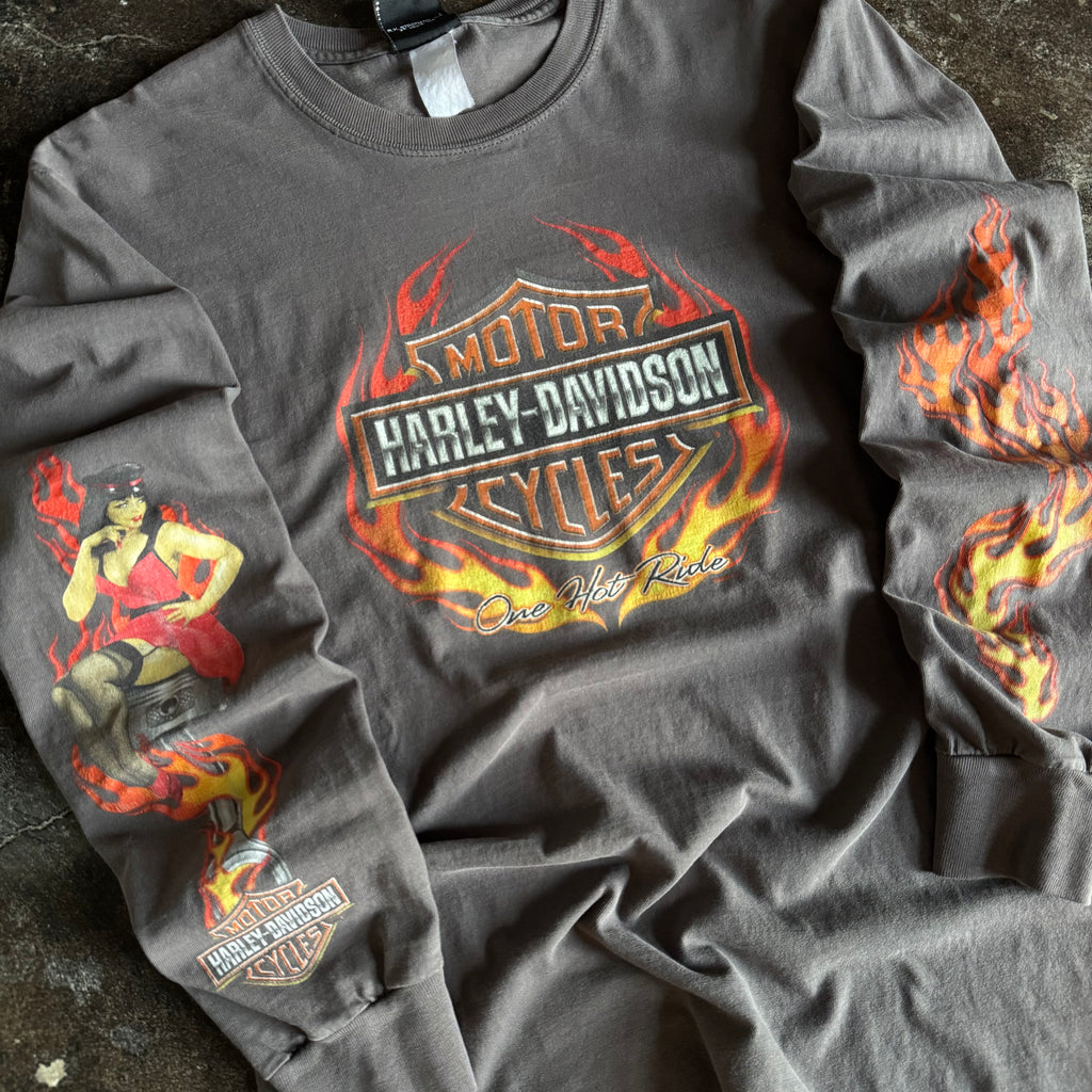 Y2K Harley One Hot Ride Flame Emblem Longsleeve Tee (L)