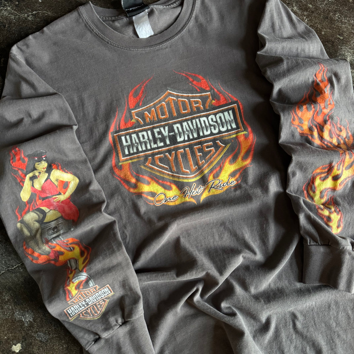 Y2K Harley One Hot Ride Flame Emblem Longsleeve Tee (L)