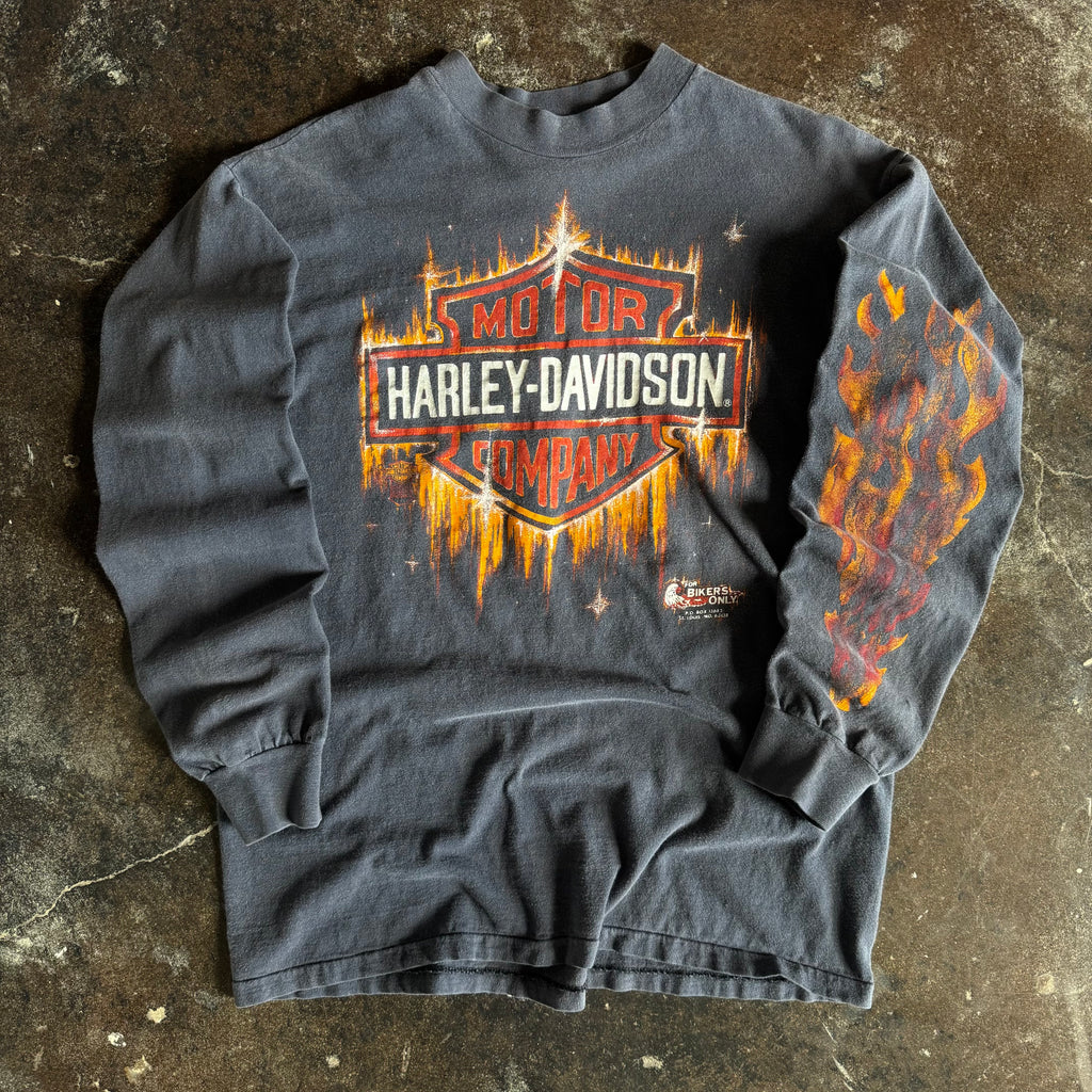 Vintage 1980s Harley-Davidson shining shield sun faded flame longsleeve t-shirt with flame sleeve prints