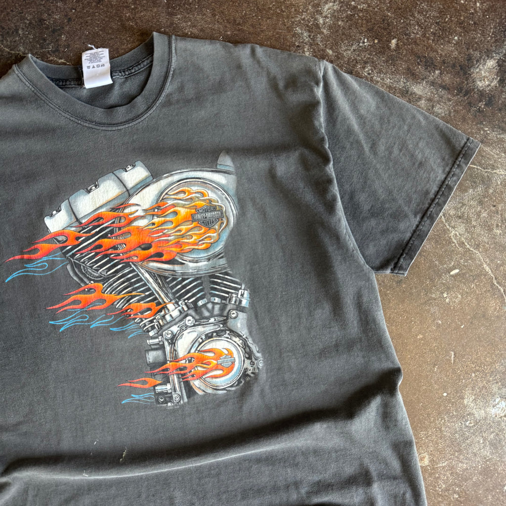 Y2K Harley Flaming V Twin Sun Faded Tee (XL)