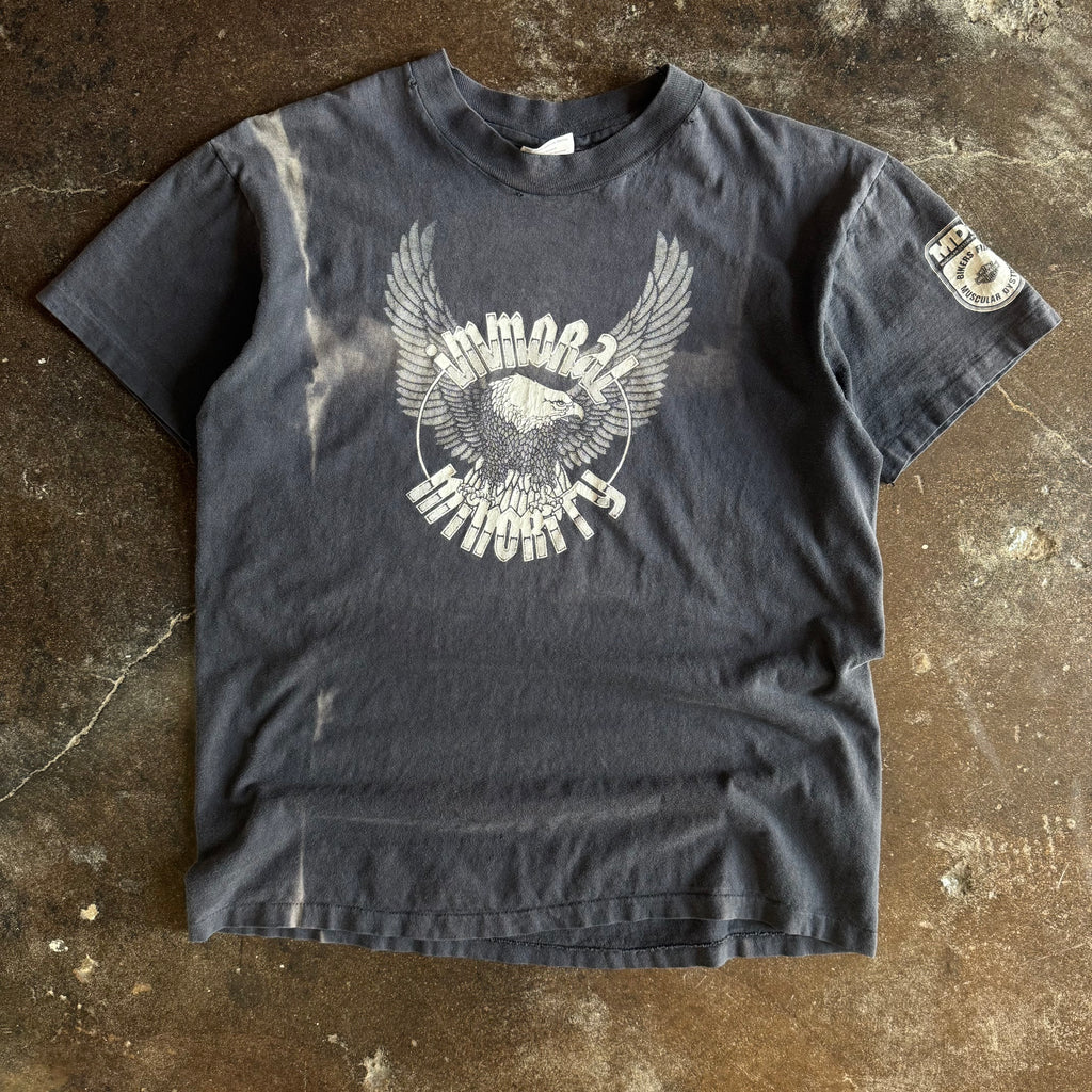 Vintage 1980s Harley-Davidson Immoral Minority eagle with spread wings t-shirt sun faded to charcoal with sleeve patch