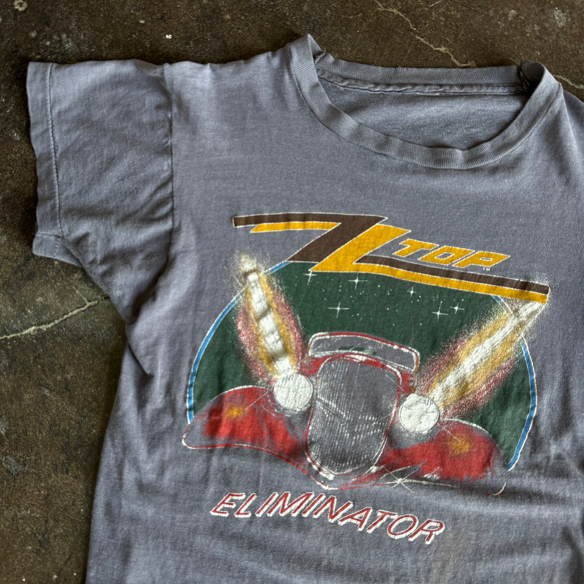 Tag detail on vintage 1980s ZZ Top Eliminator sun faded band tee