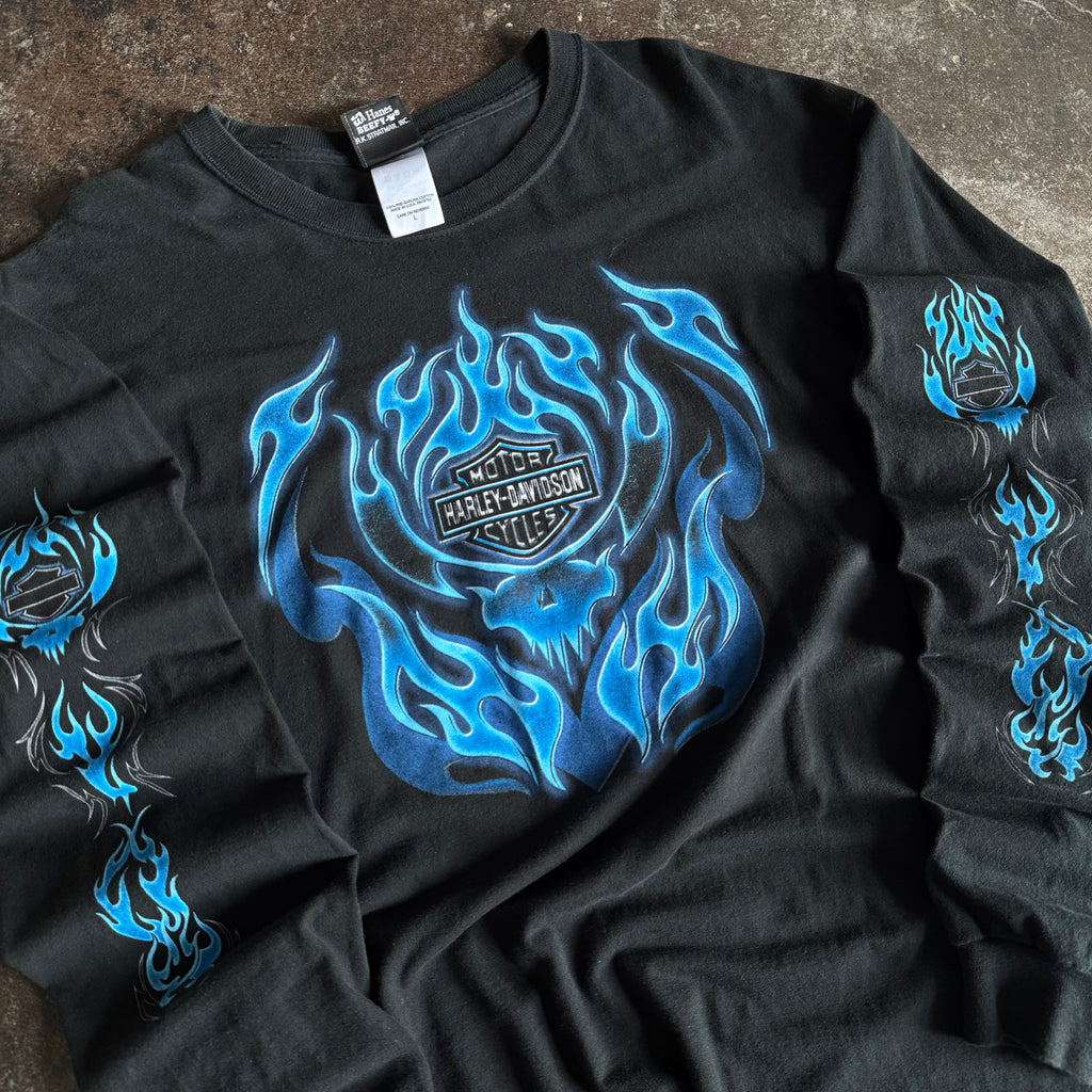 Y2K Harley Blue Flame Emblem Longsleeve Tee (L)