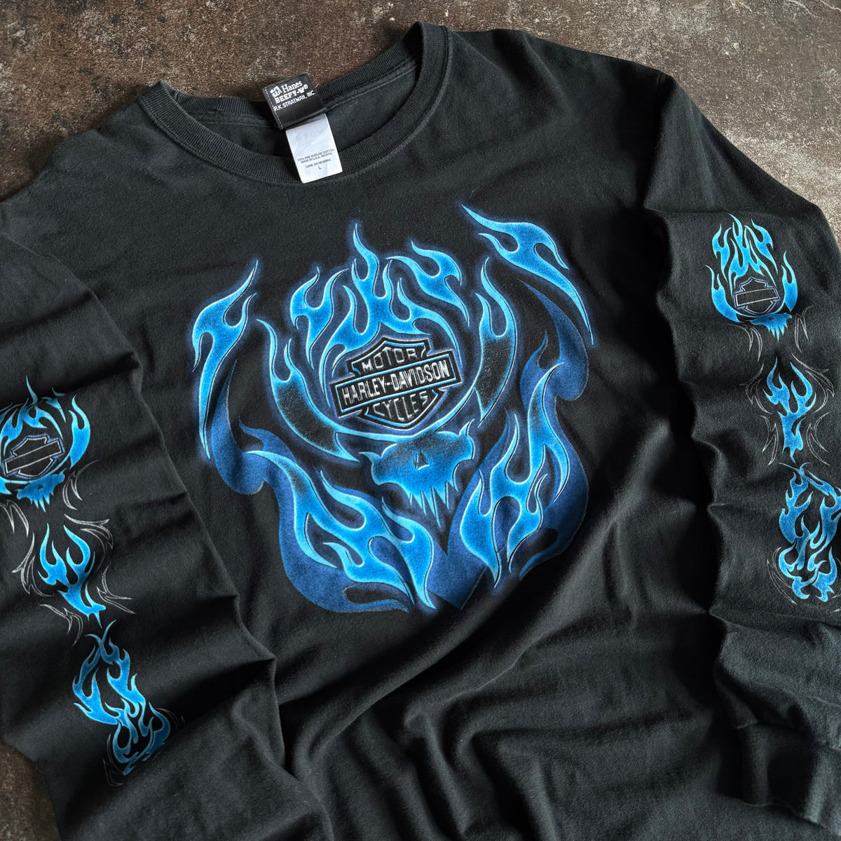 Y2K Harley Blue Flame Emblem Longsleeve Tee (L)