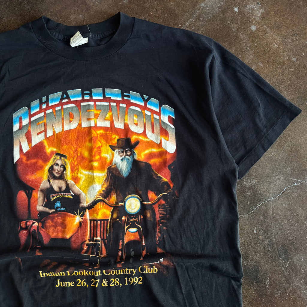 Detail of biker and woman on chopper graphic on vintage 1992 Harley Rendezvous tee