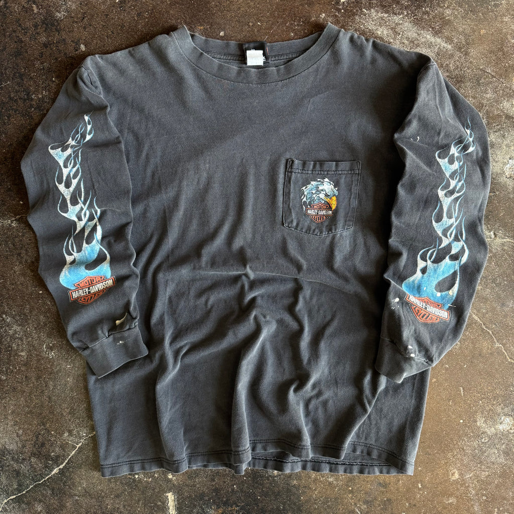Y2K Harley Blue Flame Eagle Pocket Longsleeve (XL)