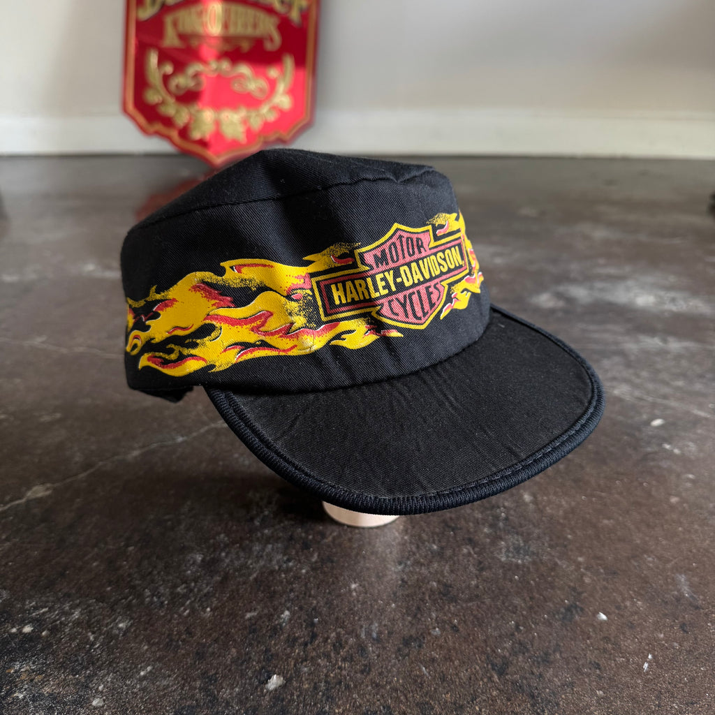 Vintage 1980s Harley-Davidson black painters cap with bar and shield logo and orange flame wraparound graphic