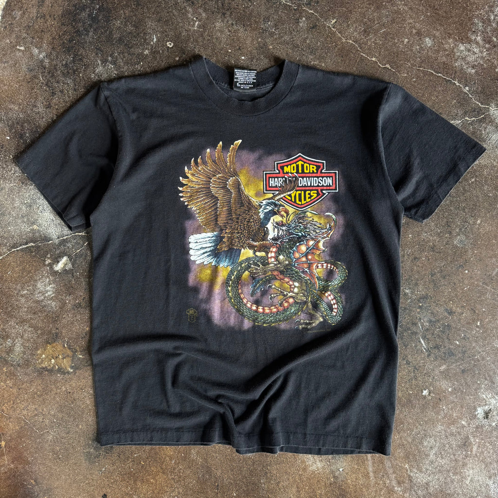 Vintage 1980s Harley-Davidson eagle vs dragon t-shirt from Ohio with fantasy eagle and dragon graphic