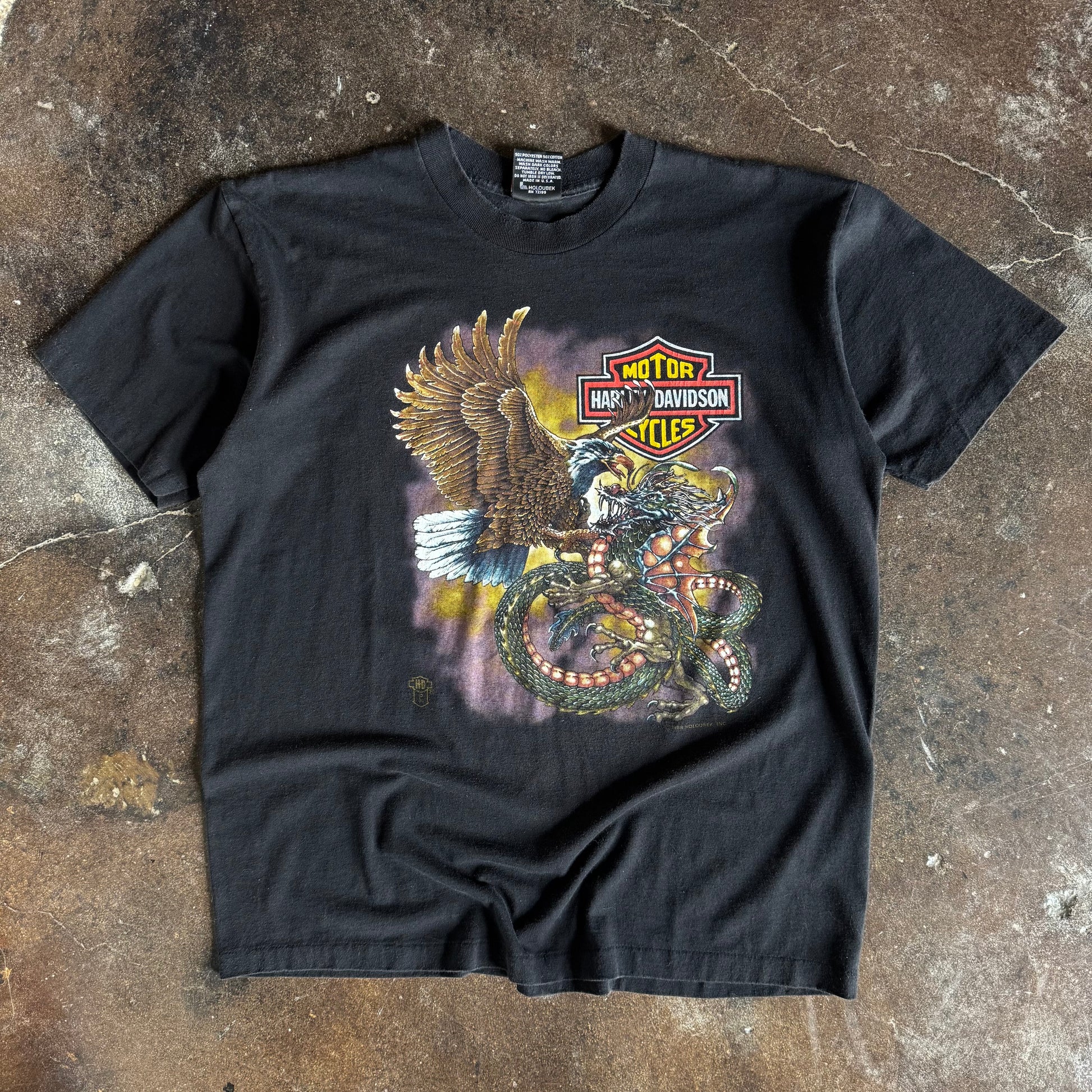 Vintage 1980s Harley-Davidson eagle vs dragon t-shirt from Ohio with fantasy eagle and dragon graphic
