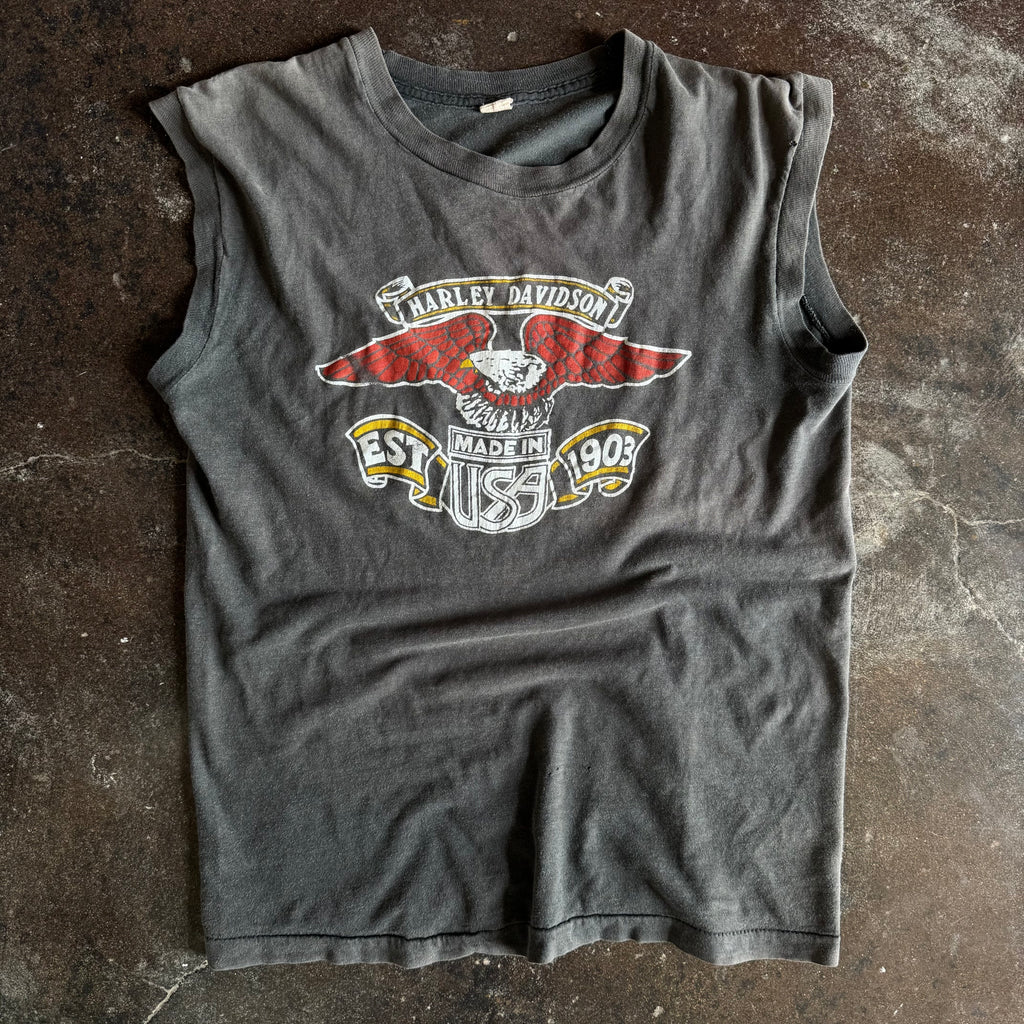 Vintage 1980s Harley-Davidson Established eagle sun faded tank top with patriotic eagle graphic