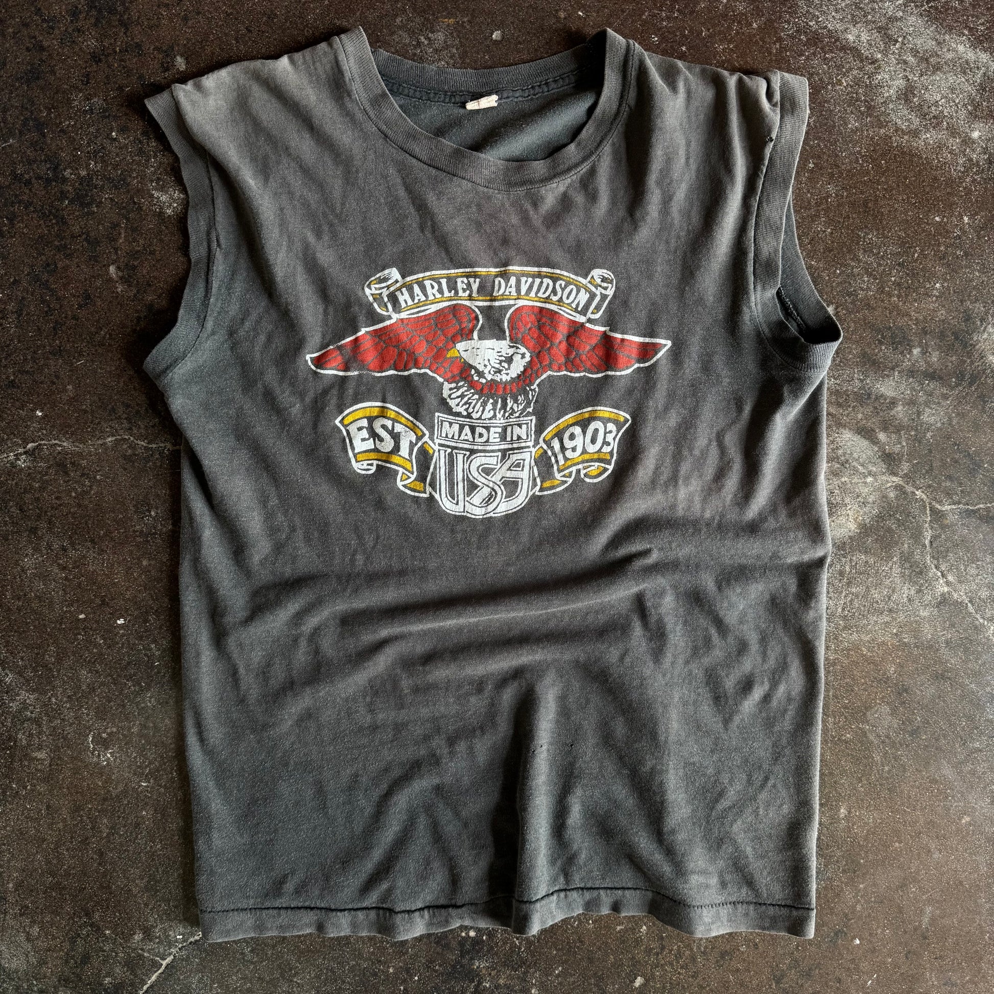 Vintage 1980s Harley-Davidson Established eagle sun faded tank top with patriotic eagle graphic
