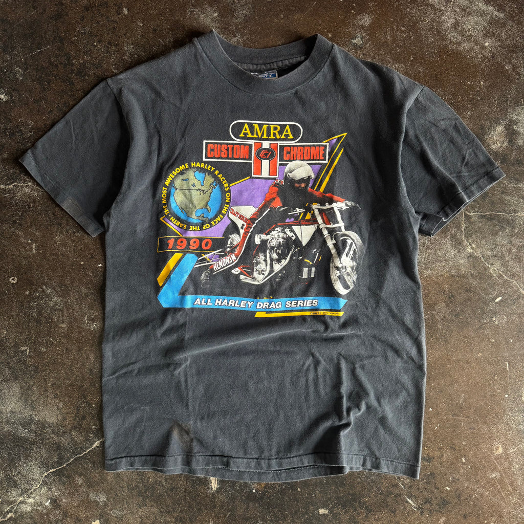 Vintage 1980s AMRA Harley-Davidson racing chrome t-shirt with motorcycle racing graphic