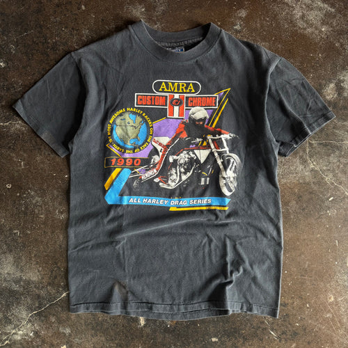 Vintage 1980s AMRA Harley-Davidson racing chrome t-shirt with motorcycle racing graphic