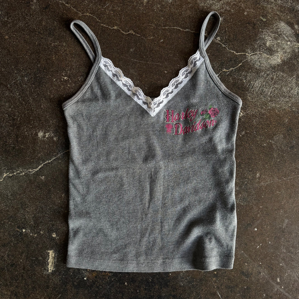 Vintage 1980s Harley Davidson womens grey spaghetti strap cami with script logo and rose on white lace trim