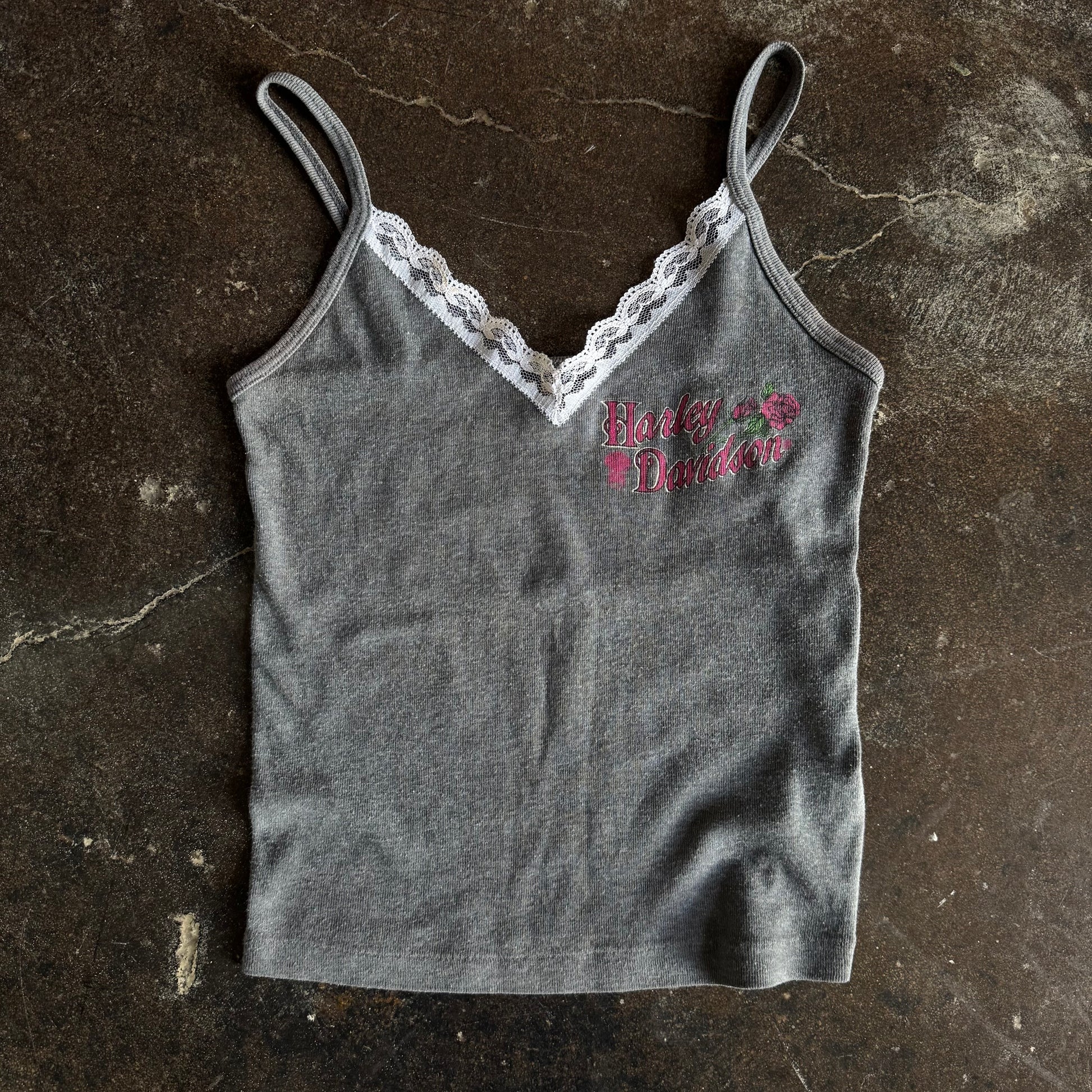 Vintage 1980s Harley Davidson womens grey spaghetti strap cami with script logo and rose on white lace trim