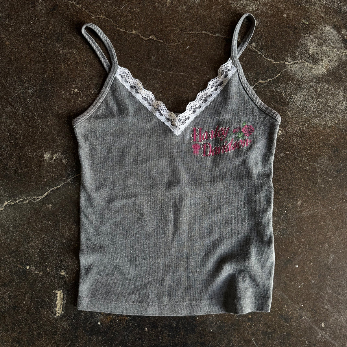 Vintage 1980s Harley Davidson womens grey spaghetti strap cami with script logo and rose on white lace trim