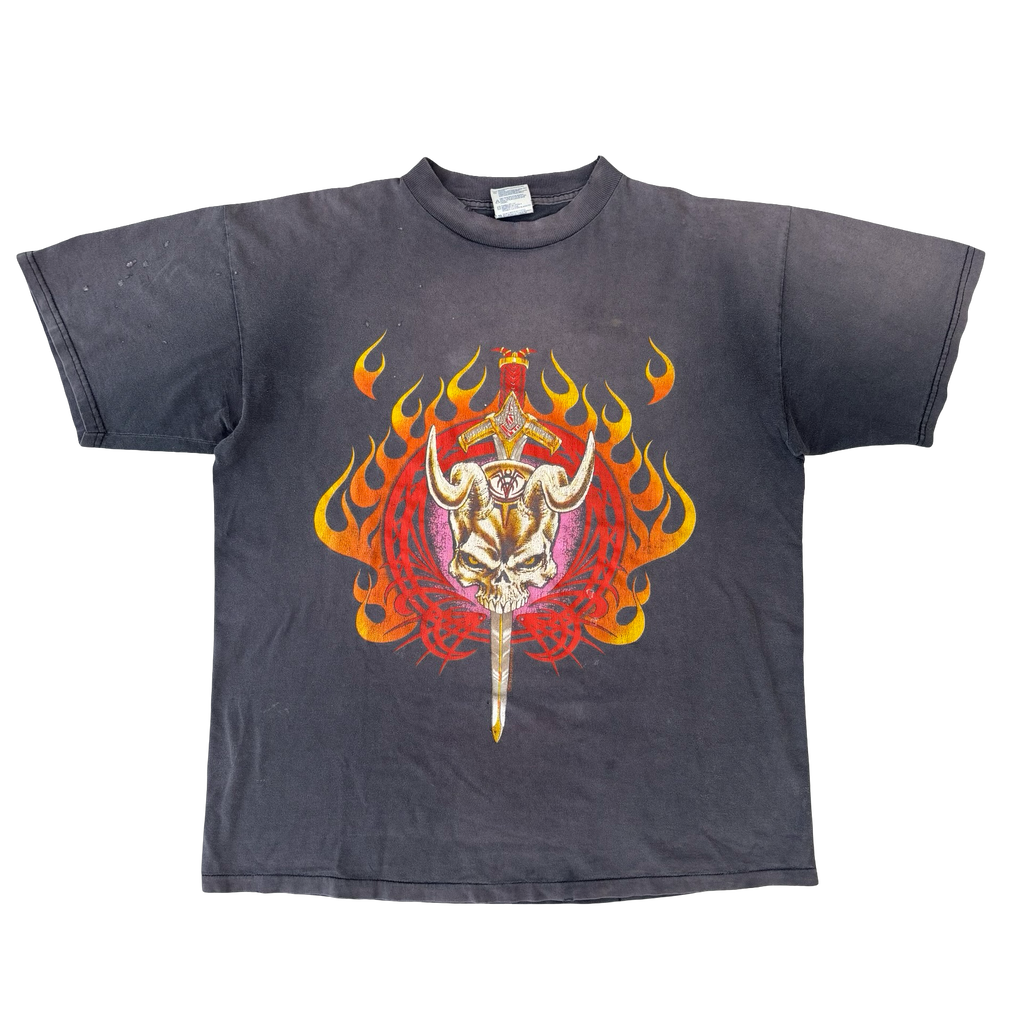 90’s Sun Faded Flaming Skull Badass Art Tee Size XL